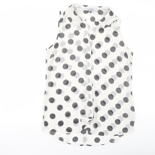NEXT Womens White Polka Dot Polyester Basic Button-Up Size 8 Collared