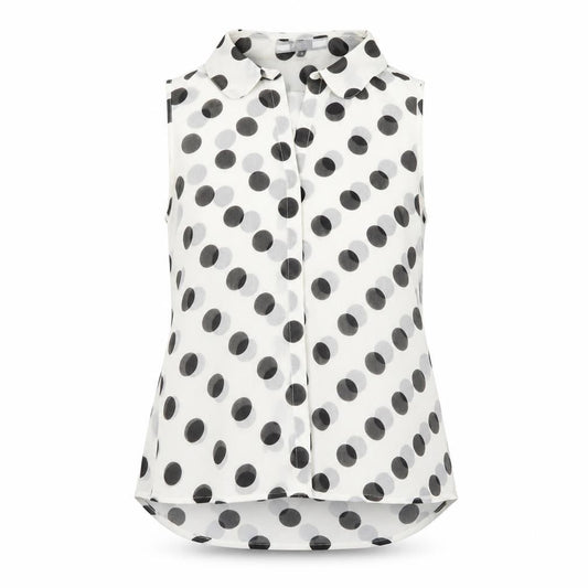 Front view of Next women’s white polka dot polyester basic button-up, size UK 8, collared