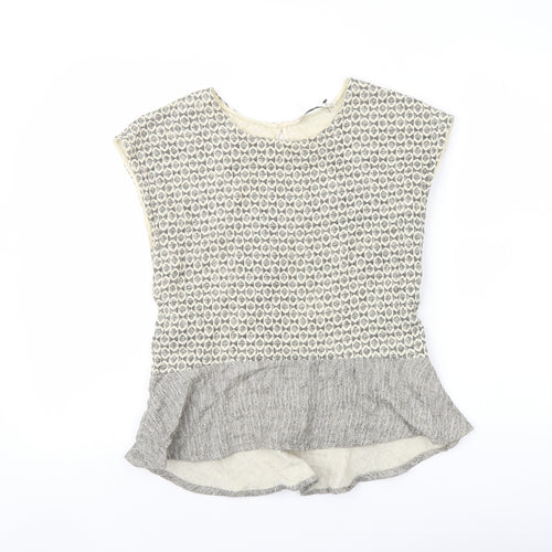 Zara Womens Beige Geometric Cotton Basic Blouse Size XS Round Neck