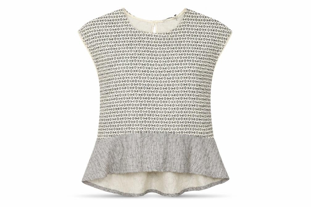 Front view of Zara women’s beige geometric cotton basic blouse, size XS, round neck