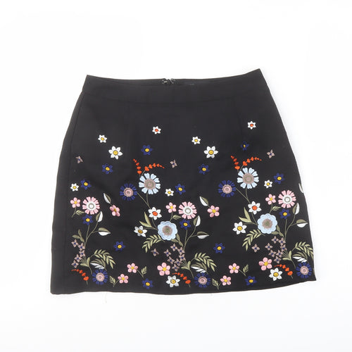 New Look Womens Black Floral Polyester Mini Skirt Size 10 Zip
