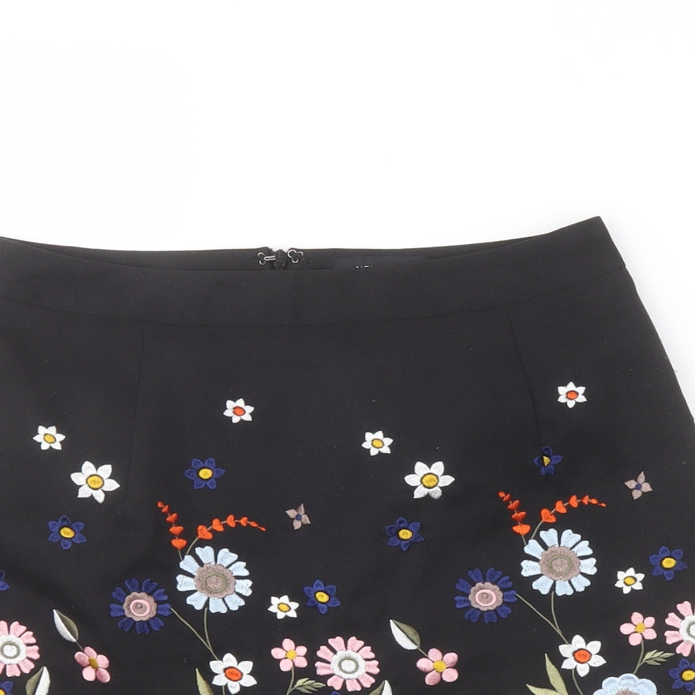 New Look Womens Black Floral Polyester Mini Skirt Size 10 Zip