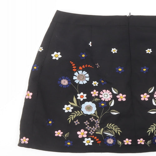 New Look Womens Black Floral Polyester Mini Skirt Size 10 Zip