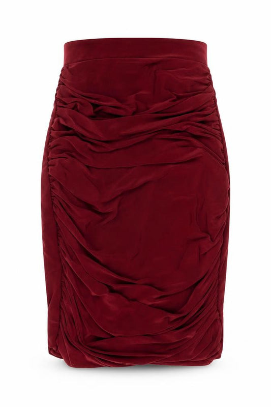Front view of PRETTYLITTLETHING women’s red polyester bandage skirt, size UK 6