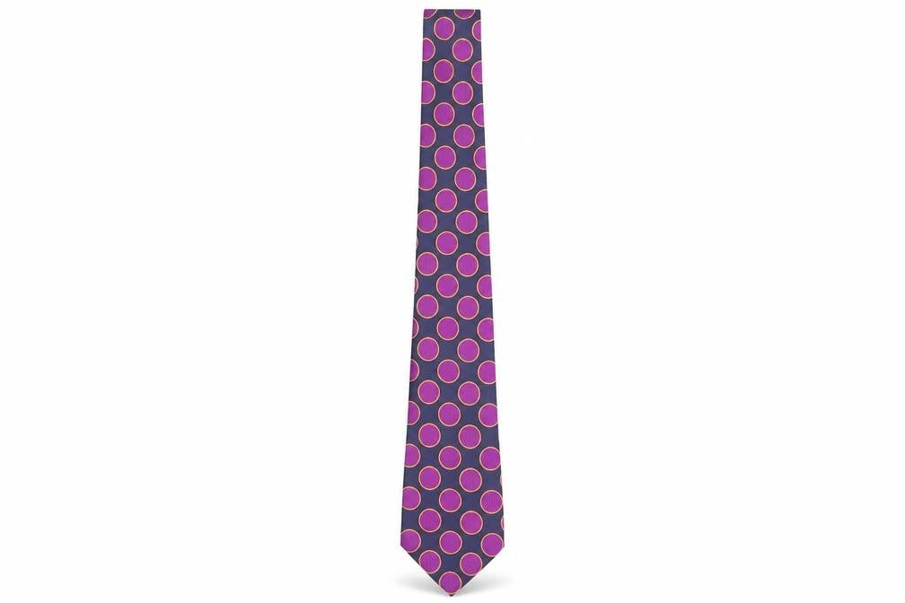 Front view of LA Smith men’s purple polka dot silk pointed tie one size