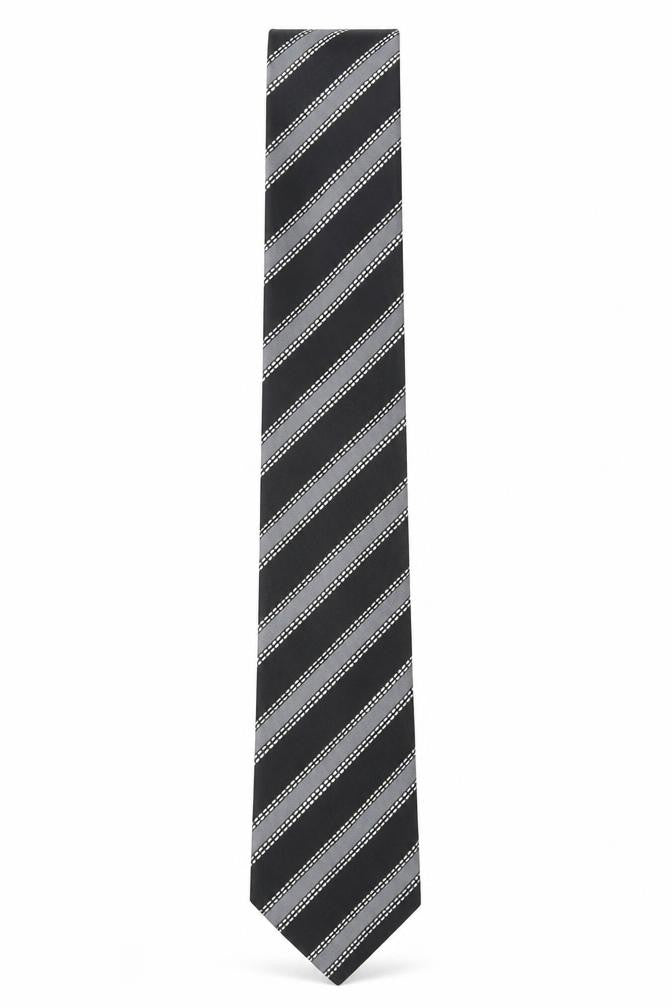 Front view of Linea men’s black striped silk pointed tie one size