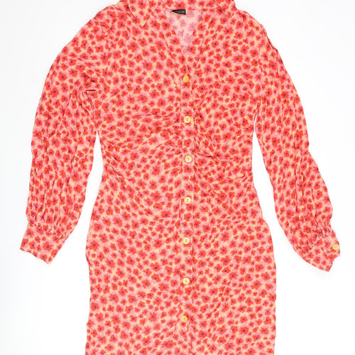 Zara Womens Multicoloured Floral Polyester Shirt Dress Size M Collared Button - Rouched