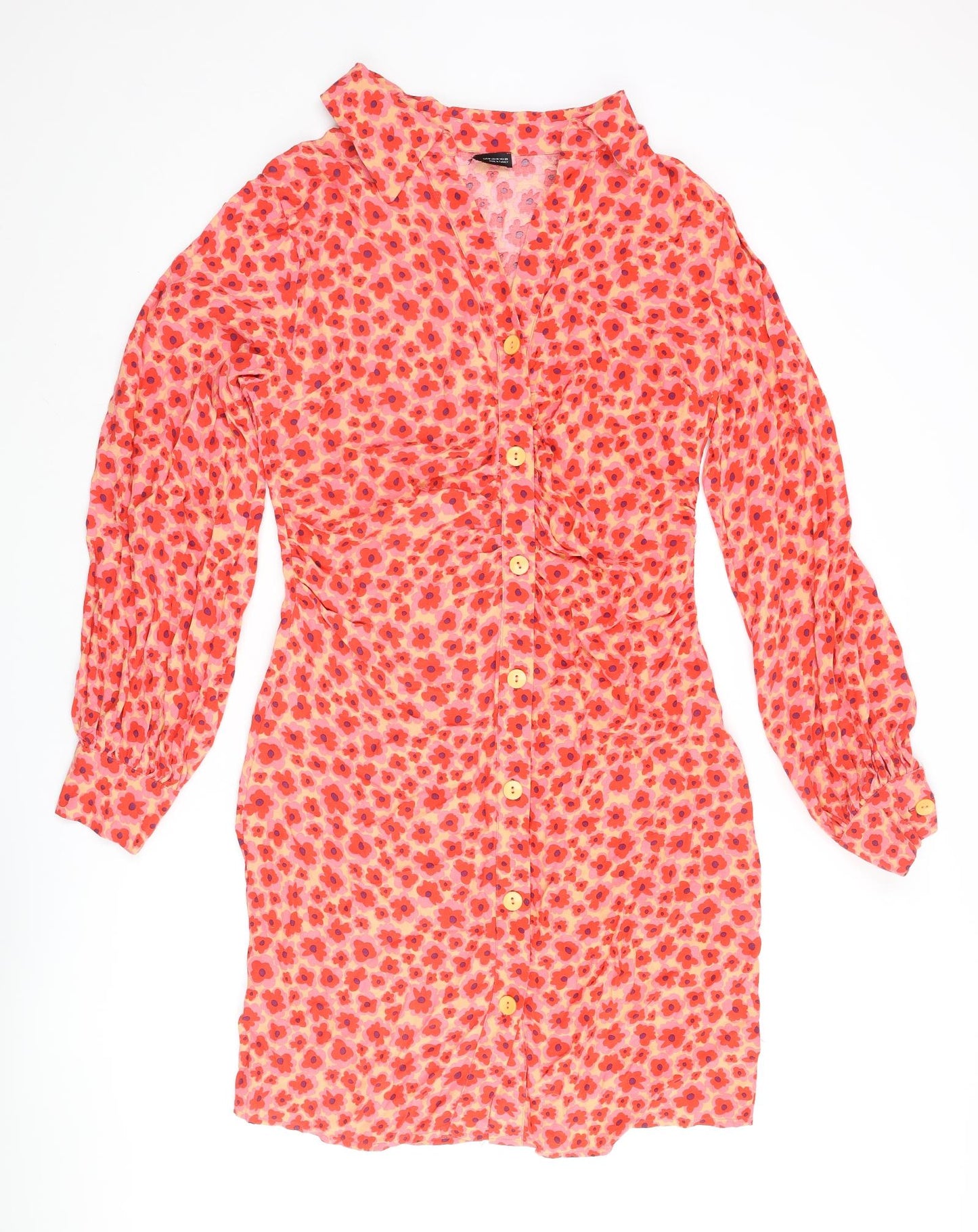 Zara Womens Multicoloured Floral Polyester Shirt Dress Size M Collared Button - Rouched