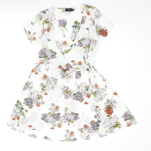 PRETTYLITTLETHING Womens White Floral Polyester Wrap Dress Size 8 V-Neck Tie