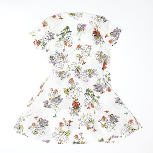 PRETTYLITTLETHING Womens White Floral Polyester Wrap Dress Size 8 V-Neck Tie