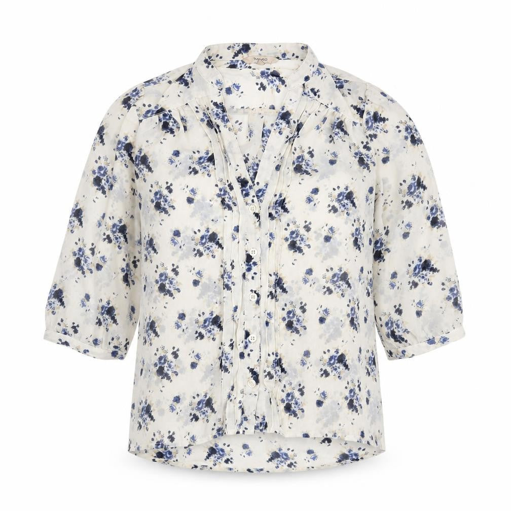 Front view of RW&CO. women’s ivory floral polyester basic blouse, size XS, v-neck
