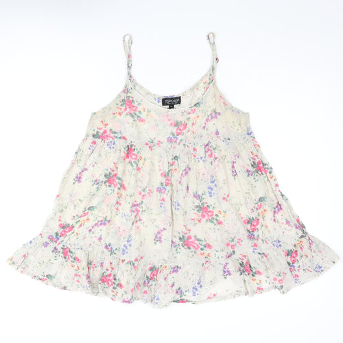 Topshop Womens Beige Floral Cotton Camisole Blouse Size 8 Scoop Neck - Smocked