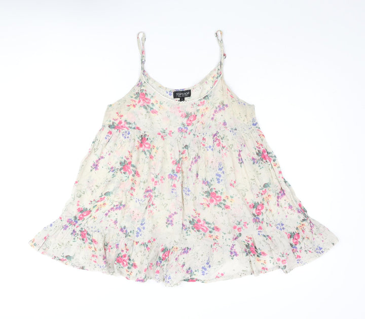 Topshop Womens Beige Floral Cotton Camisole Blouse Size 8 Scoop Neck - Smocked