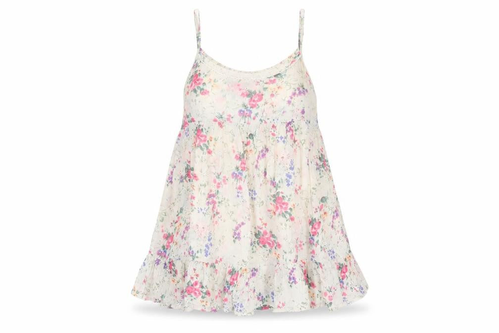 Topshop Womens Beige Floral Cotton Camisole Blouse Size 8 Scoop Neck - Smocked