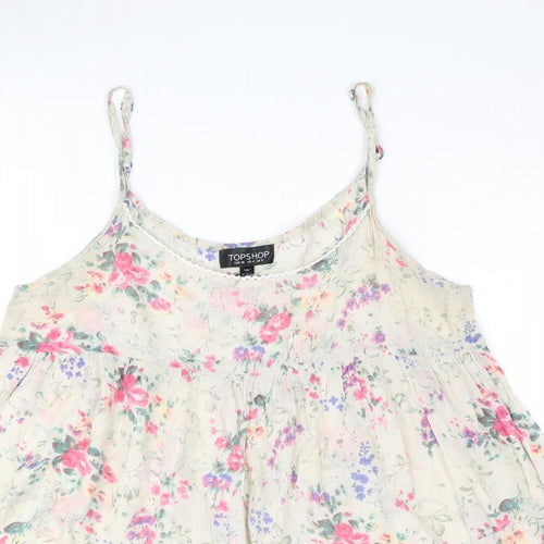 Topshop Womens Beige Floral Cotton Camisole Blouse Size 8 Scoop Neck - Smocked