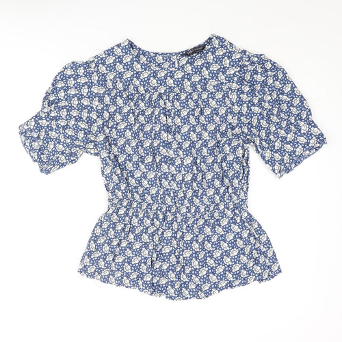 Marks and Spencer Womens Blue Floral Viscose Basic Blouse Size 10 Round Neck