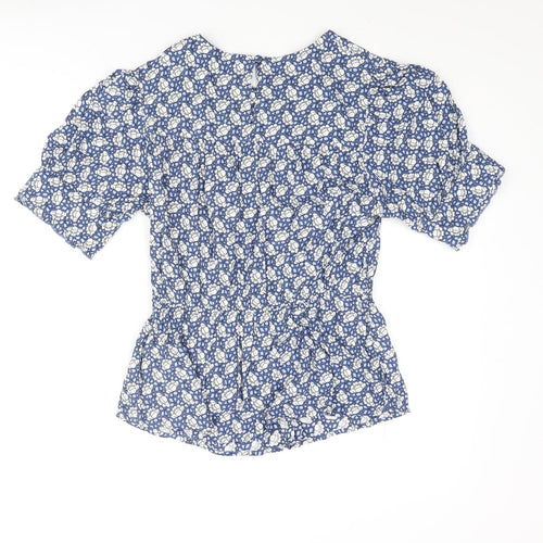 Marks and Spencer Womens Blue Floral Viscose Basic Blouse Size 10 Round Neck