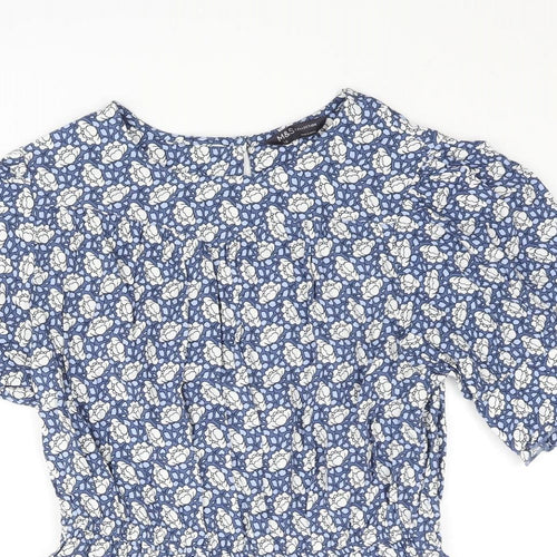 Marks and Spencer Womens Blue Floral Viscose Basic Blouse Size 10 Round Neck