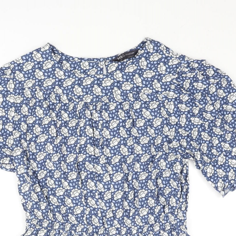 Marks and Spencer Womens Blue Floral Viscose Basic Blouse Size 10 Round Neck