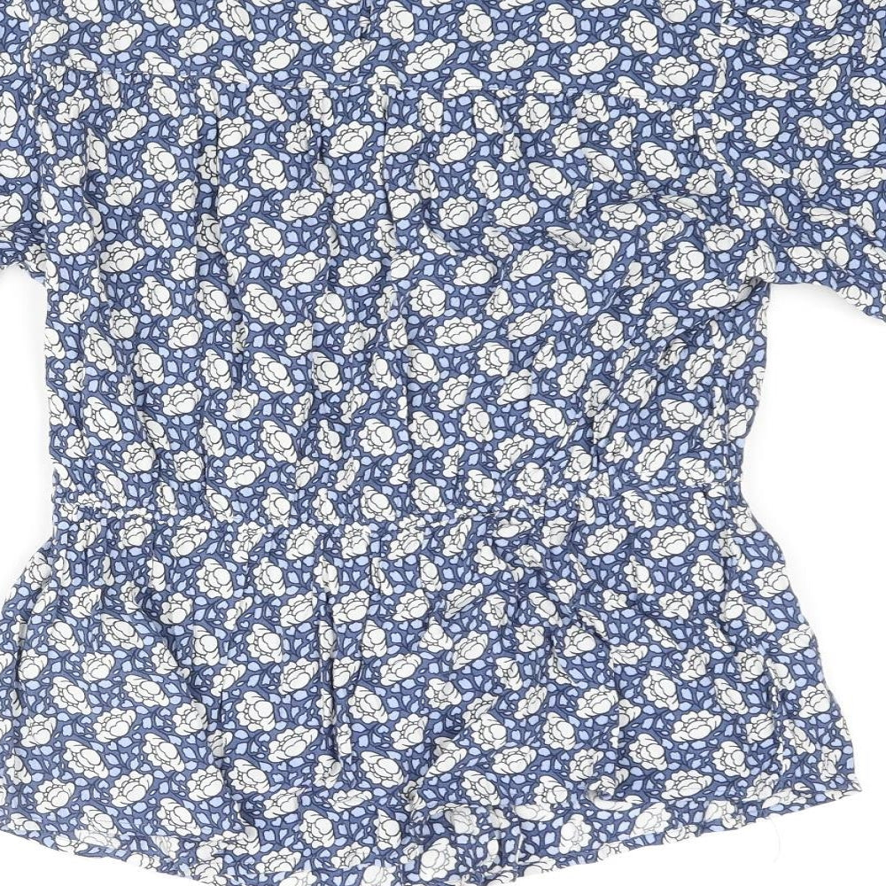 Marks and Spencer Womens Blue Floral Viscose Basic Blouse Size 10 Round Neck
