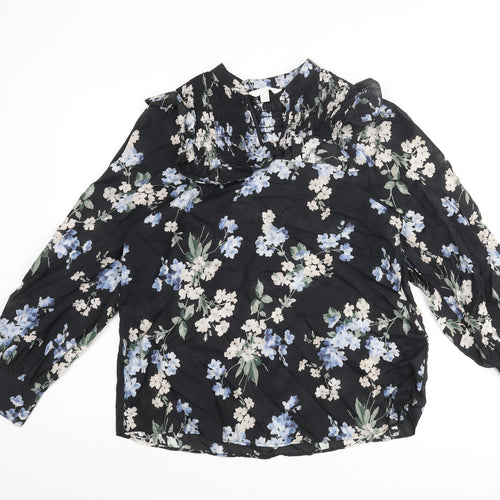 H&M Womens Black Floral Viscose Basic Blouse Size XS V-Neck - Rouched Frill