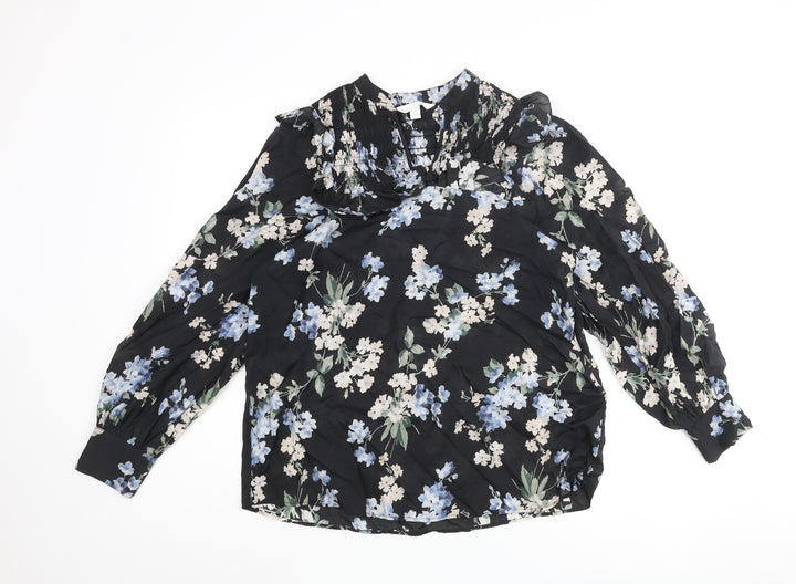 H&M Womens Black Floral Viscose Basic Blouse Size XS V-Neck - Rouched Frill