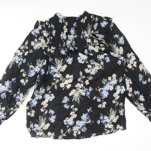 H&M Womens Black Floral Viscose Basic Blouse Size XS V-Neck - Rouched Frill