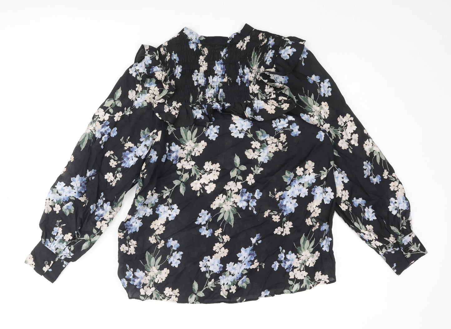 H&M Womens Black Floral Viscose Basic Blouse Size XS V-Neck - Rouched Frill