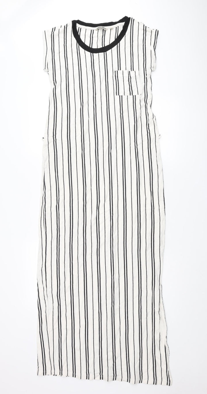 Garcia Womens Ivory Striped Cotton Maxi Size M Round Neck Pullover - Pocket Side Slits