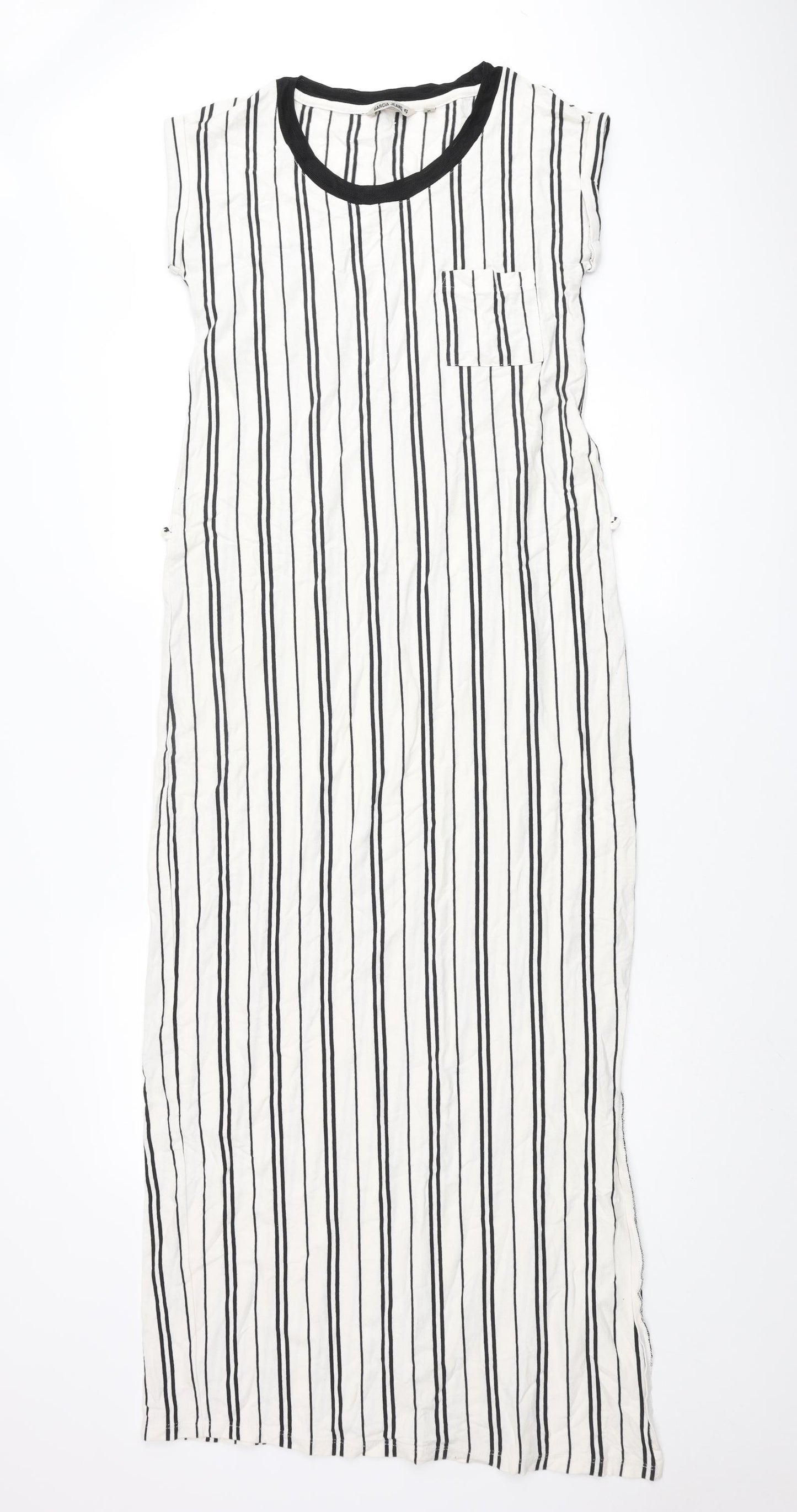 Garcia Womens Ivory Striped Cotton Maxi Size M Round Neck Pullover - Pocket Side Slits