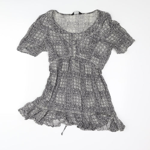 Dorothy Perkins Womens Grey Geometric Cotton Basic Blouse Size 12 Off the Shoulder - Belted Frill