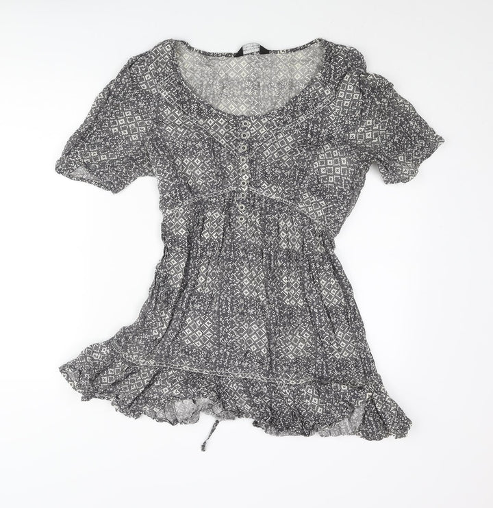 Dorothy Perkins Womens Grey Geometric Cotton Basic Blouse Size 12 Off the Shoulder - Belted Frill