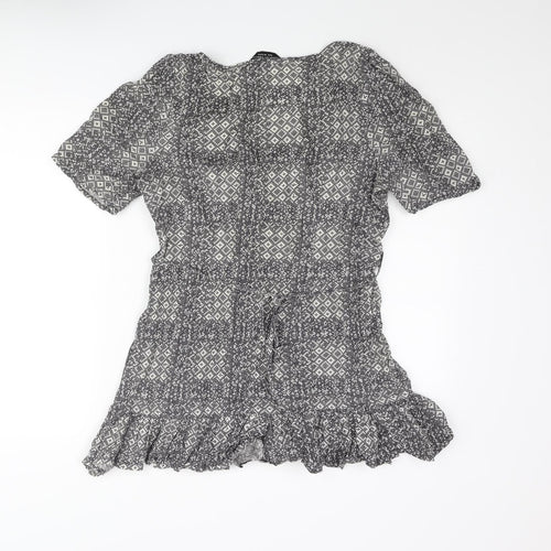 Dorothy Perkins Womens Grey Geometric Cotton Basic Blouse Size 12 Off the Shoulder - Belted Frill