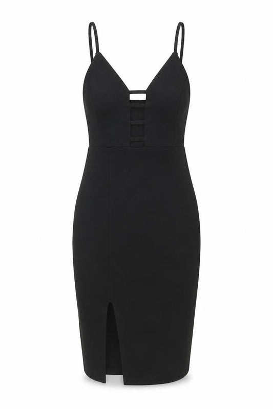 Front view of PRETTYLITTLETHING women’s black polyester bodycon, size UK 6, sweetheart pullover - cut out