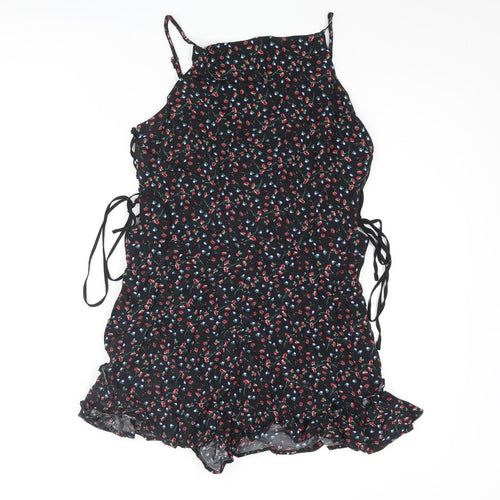 Topshop Womens Black Floral Vinyl Playsuit One-Piece Size 10 Zip - Lace Up Tie Frill