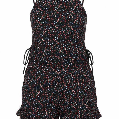 Topshop Womens Black Floral Vinyl Playsuit One-Piece Size 10 Zip - Lace Up Tie Frill
