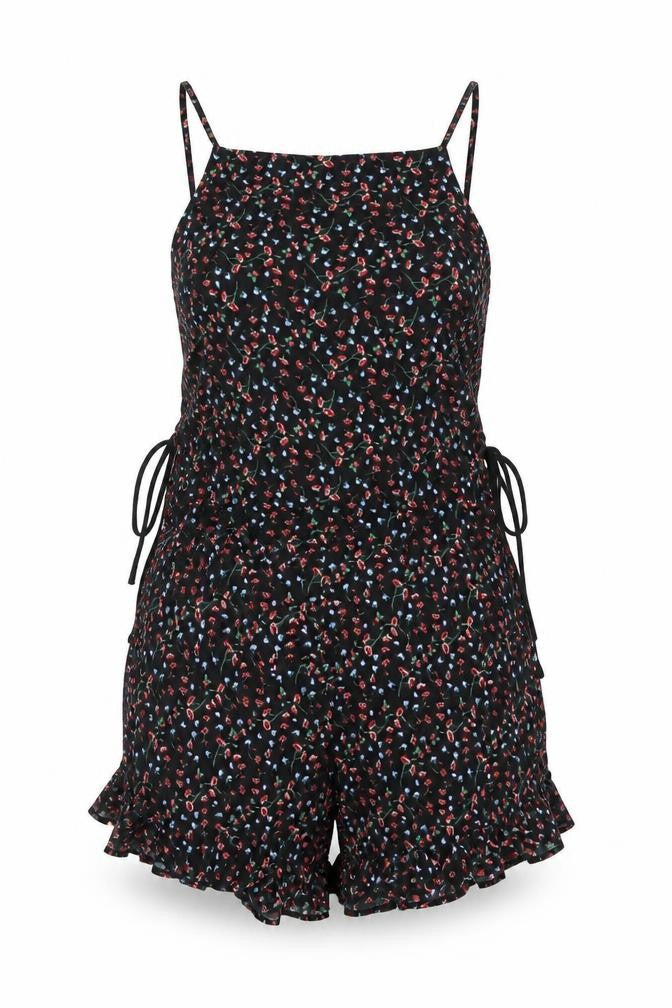 Topshop Womens Black Floral Vinyl Playsuit One-Piece Size 10 Zip - Lace Up Tie Frill