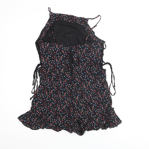 Topshop Womens Black Floral Vinyl Playsuit One-Piece Size 10 Zip - Lace Up Tie Frill