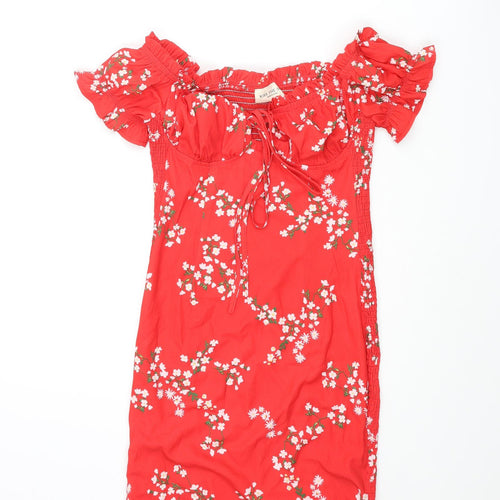Kiss the Sky Womens Red Floral Polyester Mini Size M Sweetheart Tie - Rouched Frill