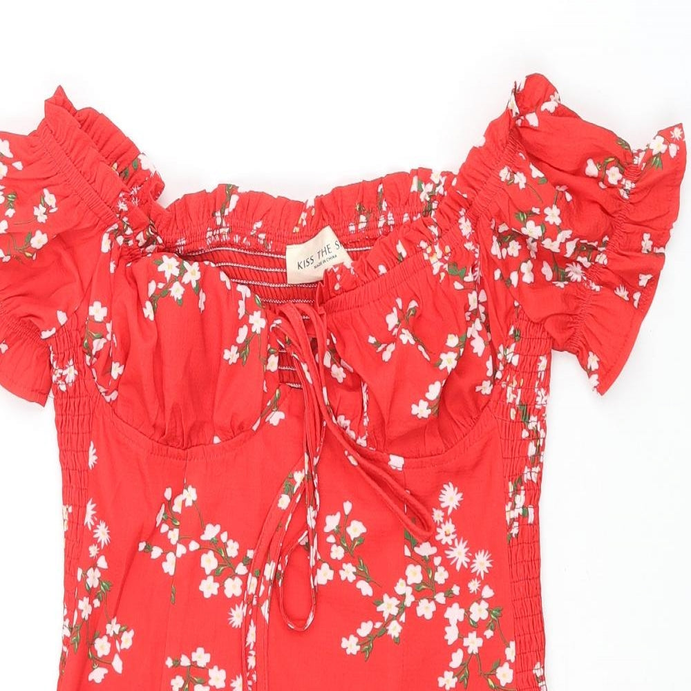 Kiss the Sky Womens Red Floral Polyester Mini Size M Sweetheart Tie - Rouched Frill