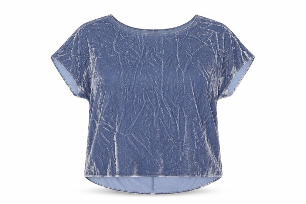 Front view of Per Una women’s blue geometric viscose basic blouse, size UK 18, boat neck