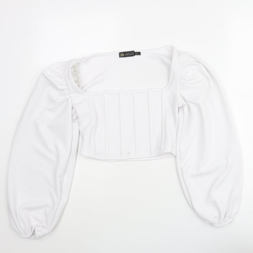 I SAW IT FIRST Womens White Polyester Cropped Blouse Size 6 Square Neck - Rouched Corset Style