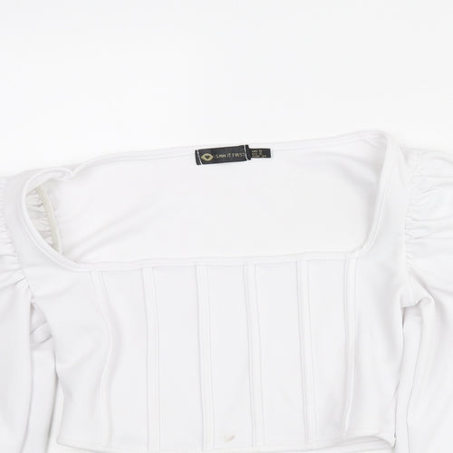 I SAW IT FIRST Womens White Polyester Cropped Blouse Size 6 Square Neck - Rouched Corset Style