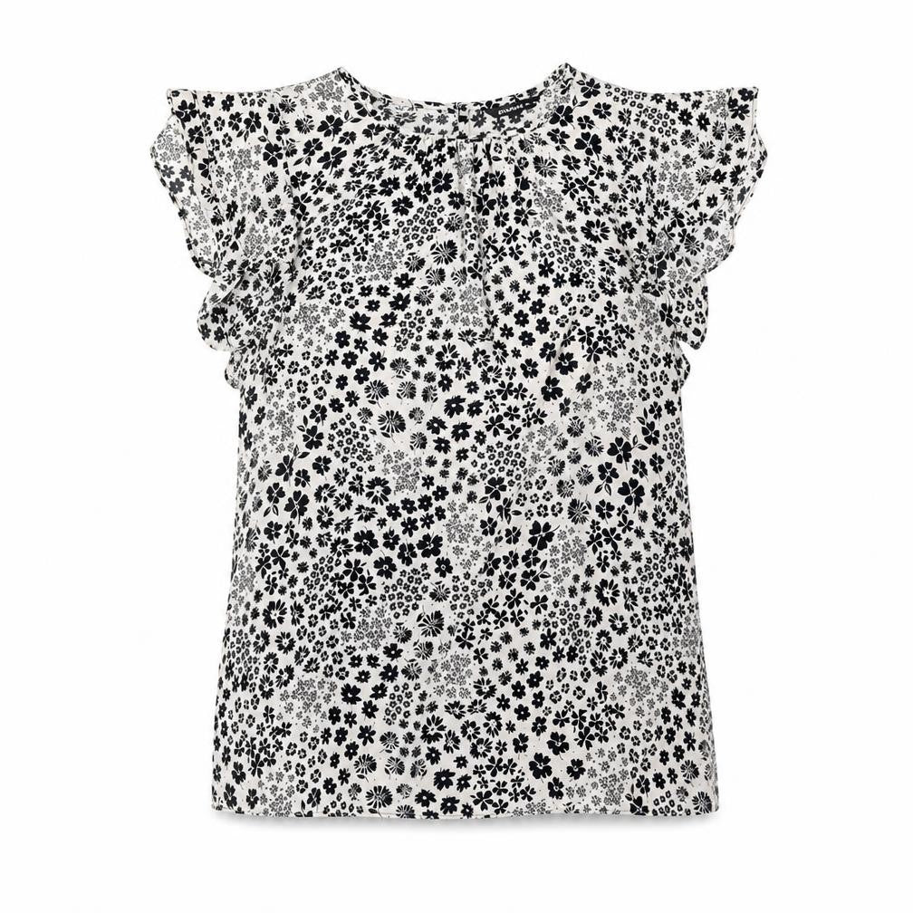 Front view of Roman women’s ivory floral polyester basic blouse, size UK 10, roll neck - frill