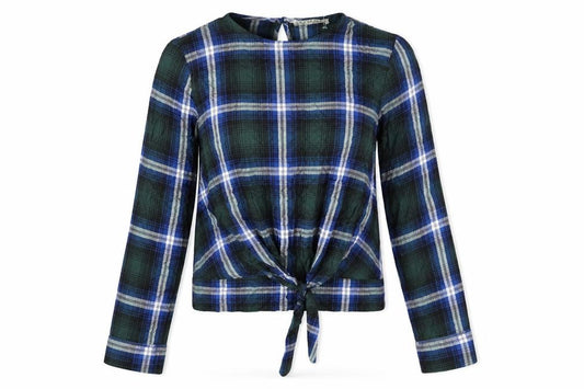 Front view of Innocence women’s multicoloured check viscose basic blouse, size UK 8, round neck - tie