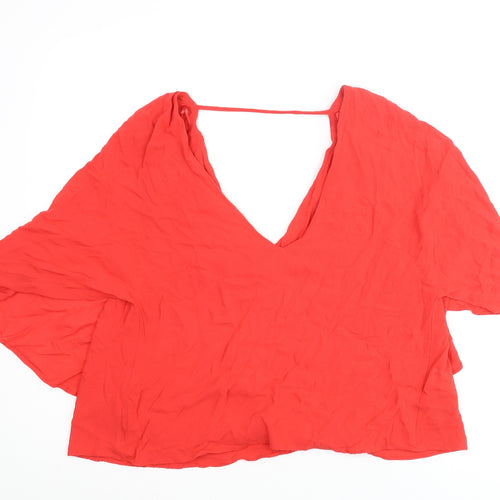 Zara Womens Red Viscose Basic Blouse Size L V-Neck - Batwing