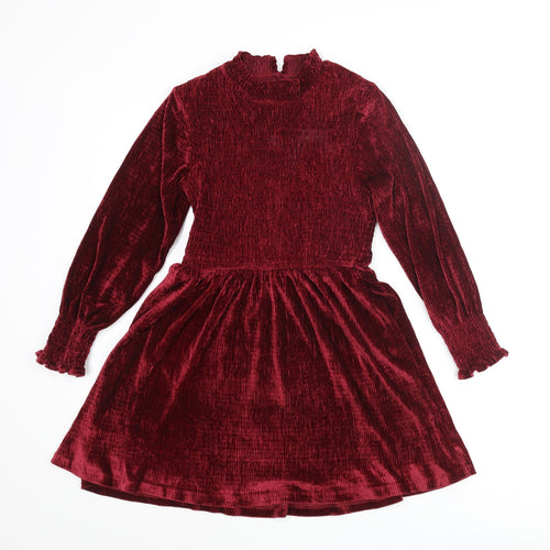 Marks and Spencer Girls Red Polyester Fit & Flare Size 9-10 Years Mock Neck Button - Rouched Frill