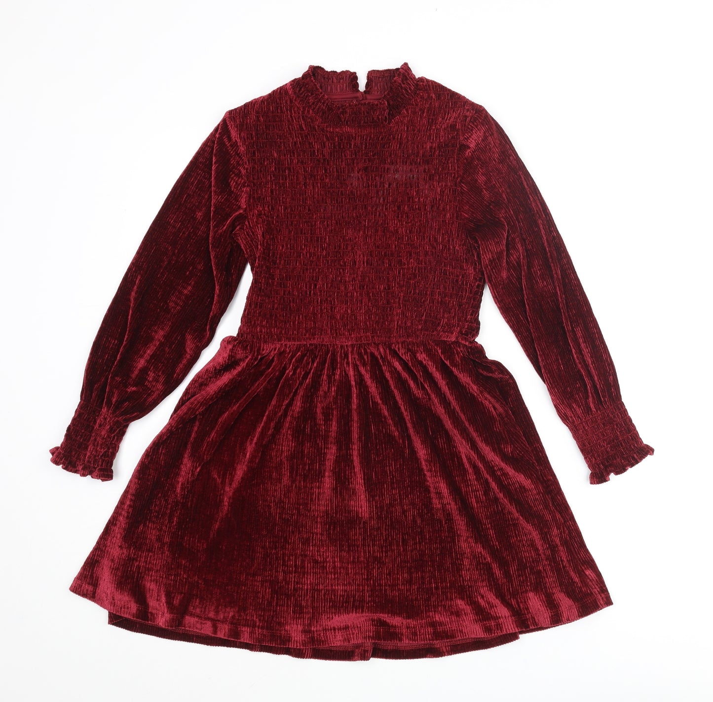 Marks and Spencer Girls Red Polyester Fit & Flare Size 9-10 Years Mock Neck Button - Rouched Frill