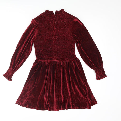Marks and Spencer Girls Red Polyester Fit & Flare Size 9-10 Years Mock Neck Button - Rouched Frill