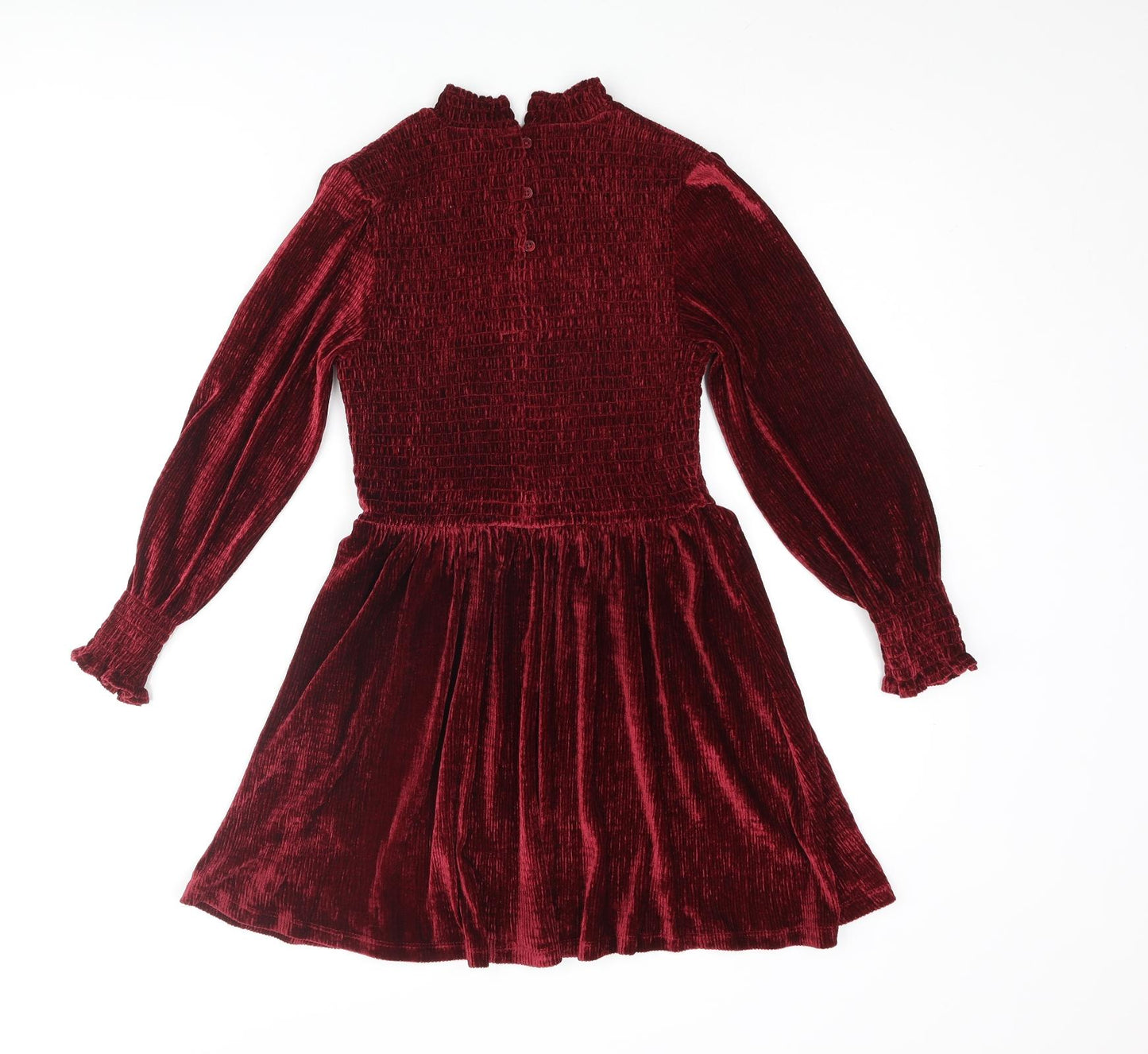 Marks and Spencer Girls Red Polyester Fit & Flare Size 9-10 Years Mock Neck Button - Rouched Frill